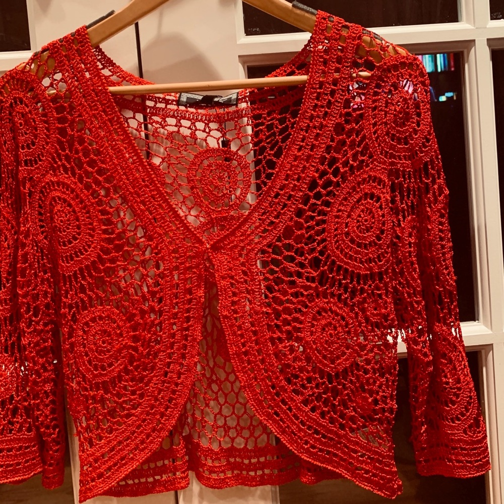 Red Crochet Open-Front Cardigan